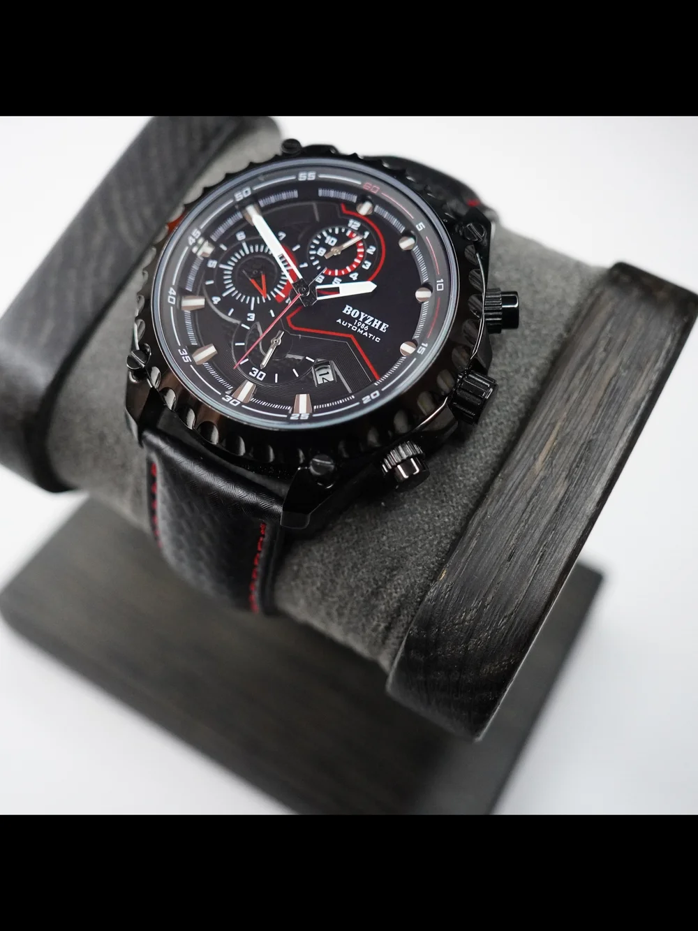 BOYZHE F1908 Automatic Men's Watch 47mm Black Red Dial Leather Strap Date